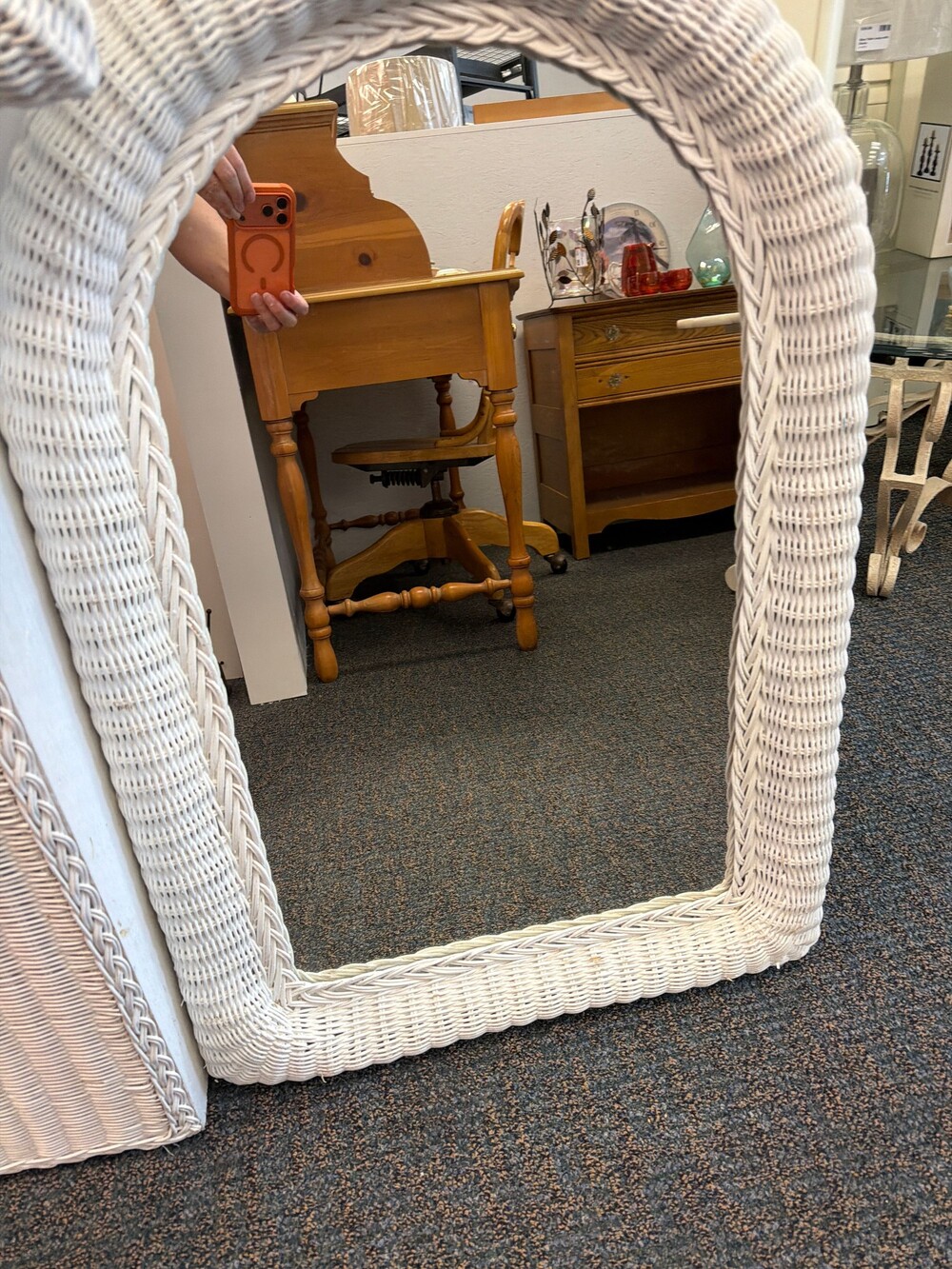 White Wicker Wall Mirror Rectangular Woven Frame Vintage Style